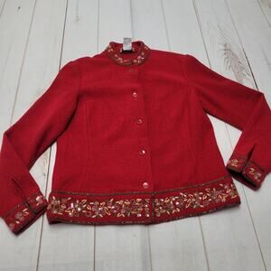 Vintage Talbots red boiled wool knit jacket beaded embroidered artsy floral
